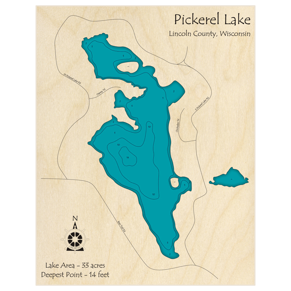 Bathymetric topo map of Pickerel Lake with roads, towns and depths noted in blue water