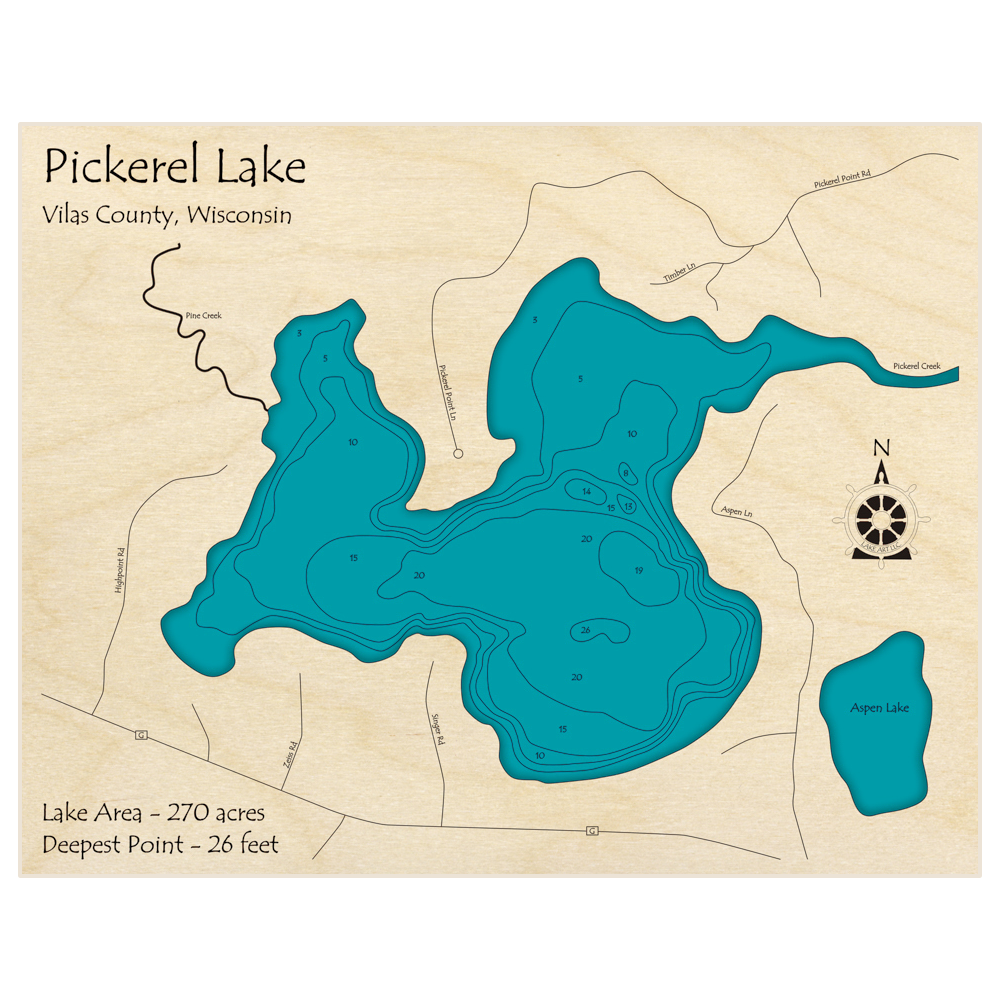 Bathymetric topo map of Pickerel Lake with roads, towns and depths noted in blue water