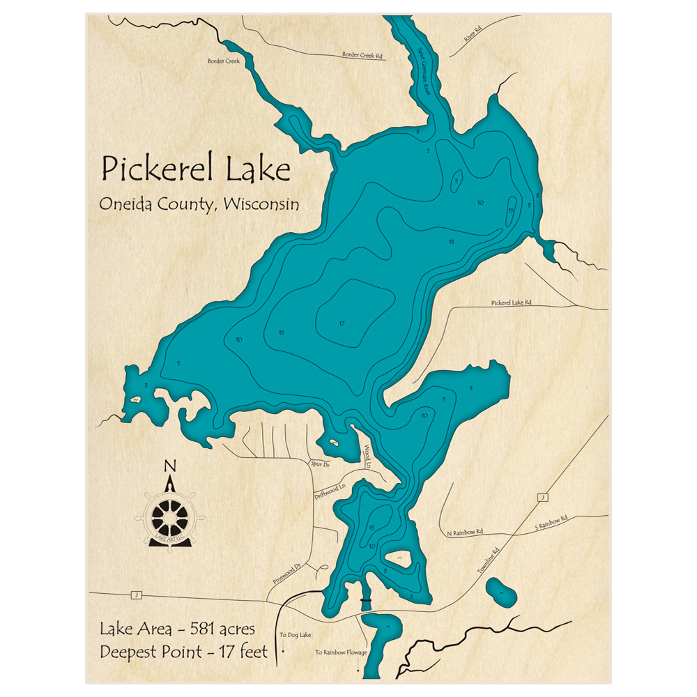 Bathymetric topo map of Pickerel Lake (near St Germain) with roads, towns and depths noted in blue water