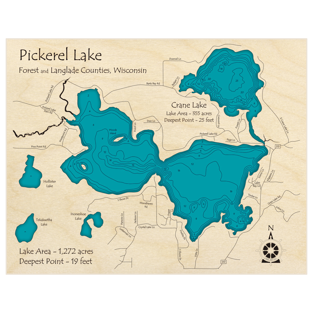 Bathymetric topo map of Pickerel Lake (with Crane) with roads, towns and depths noted in blue water