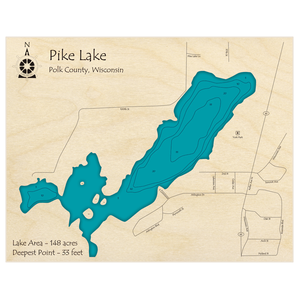 Bathymetric topo map of Pike Lake with roads, towns and depths noted in blue water