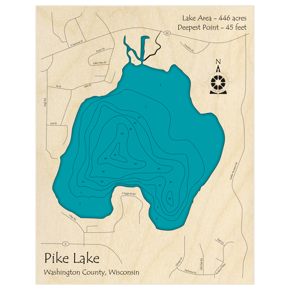 Bathymetric topo map of Pike Lake with roads, towns and depths noted in blue water