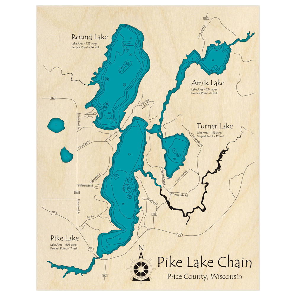 Bathymetric topo map of Pike Lake Chain (Round Amik Turner Pike) with roads, towns and depths noted in blue water