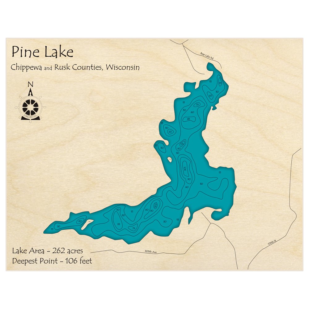 Bathymetric topo map of Pine Lake with roads, towns and depths noted in blue water
