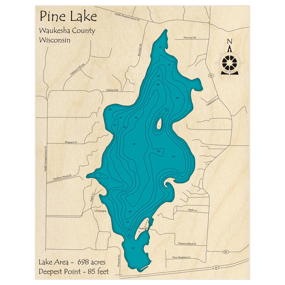 Bathymetric topo map of Pine Lake with roads, towns and depths noted in blue water