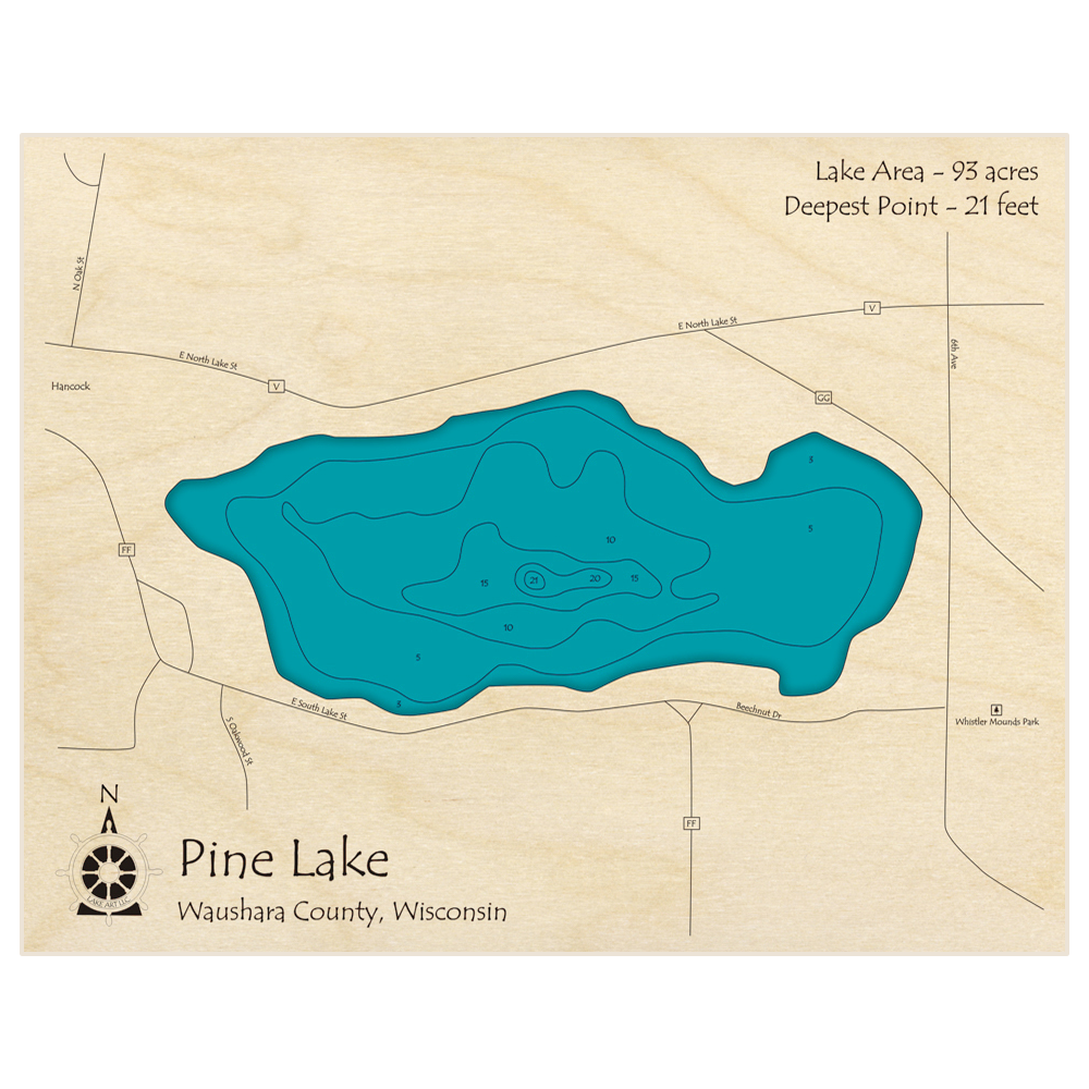 Bathymetric topo map of Pine Lake (Near Hancock) with roads, towns and depths noted in blue water