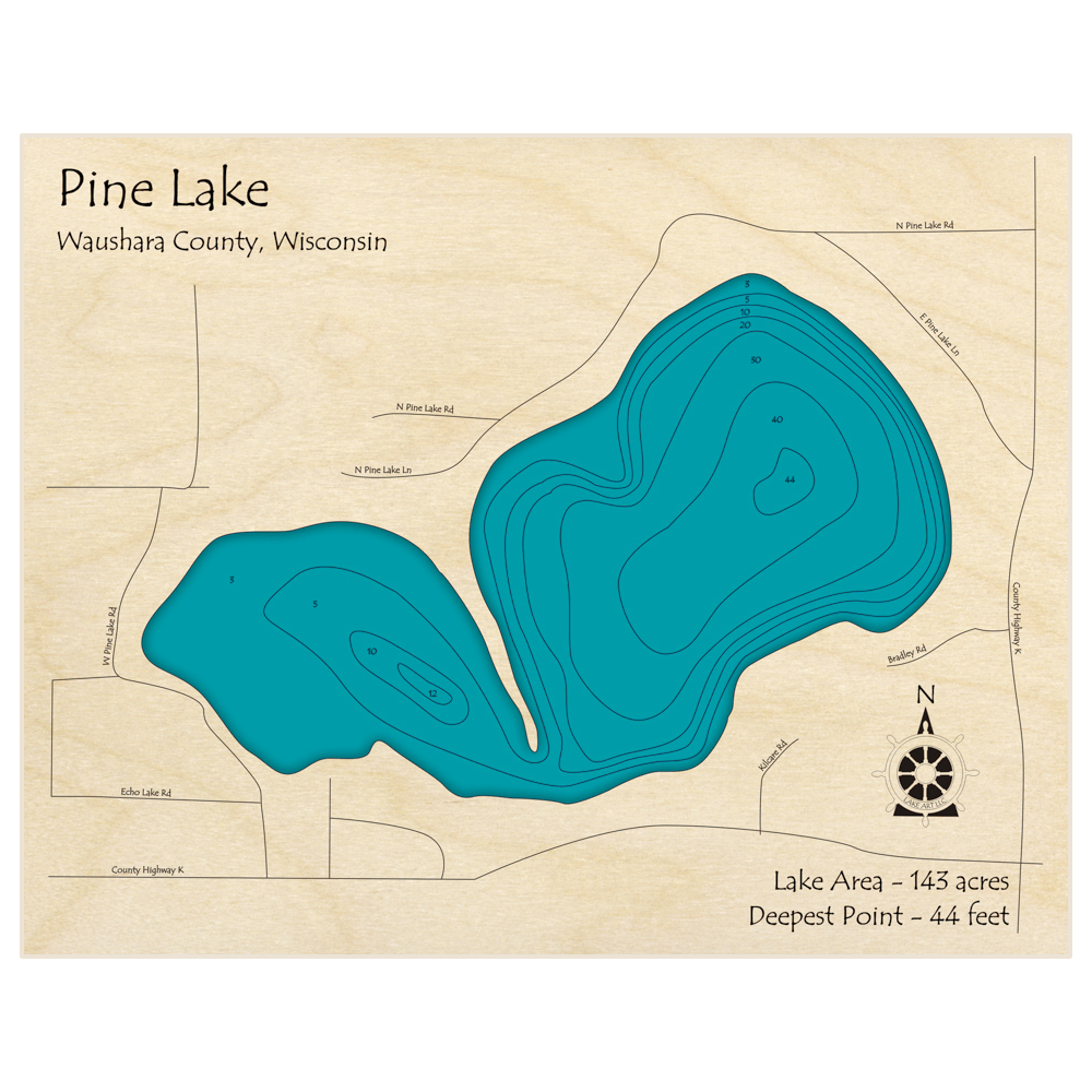 Bathymetric topo map of Pine Lake (Near Springwater) with roads, towns and depths noted in blue water