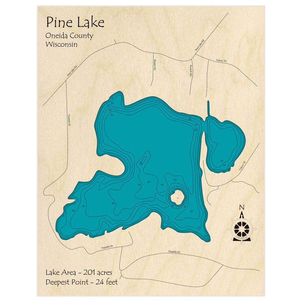 Bathymetric topo map of Pine Lake (Near Minocqua) with roads, towns and depths noted in blue water