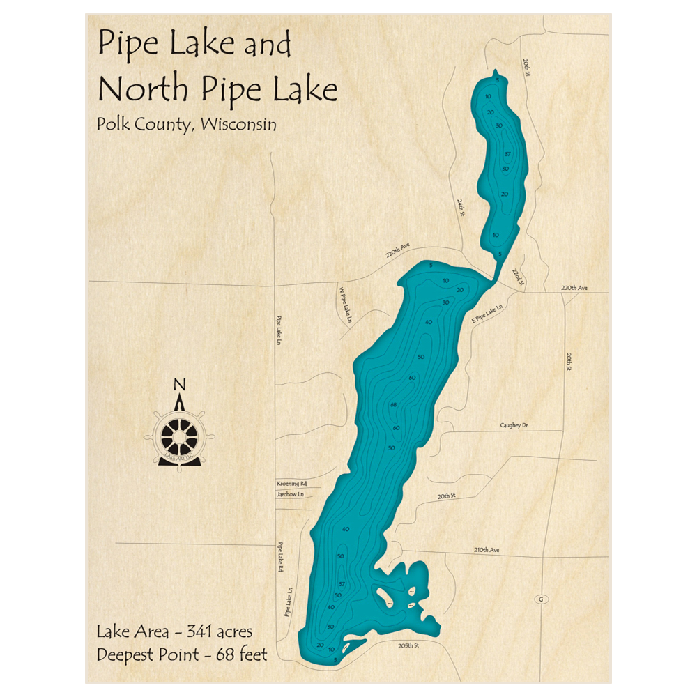 Bathymetric topo map of Pipe Lake (With North Pipe Lake) with roads, towns and depths noted in blue water