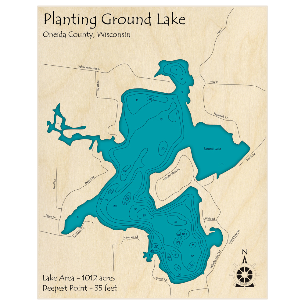 Bathymetric topo map of Planting Ground Lake with roads, towns and depths noted in blue water