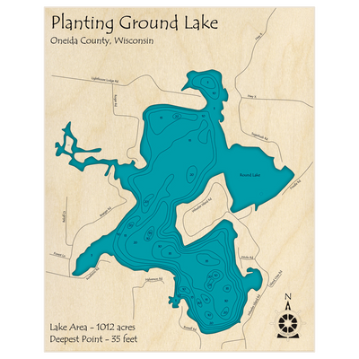 Bathymetric topo map of Planting Ground Lake with roads, towns and depths noted in blue water