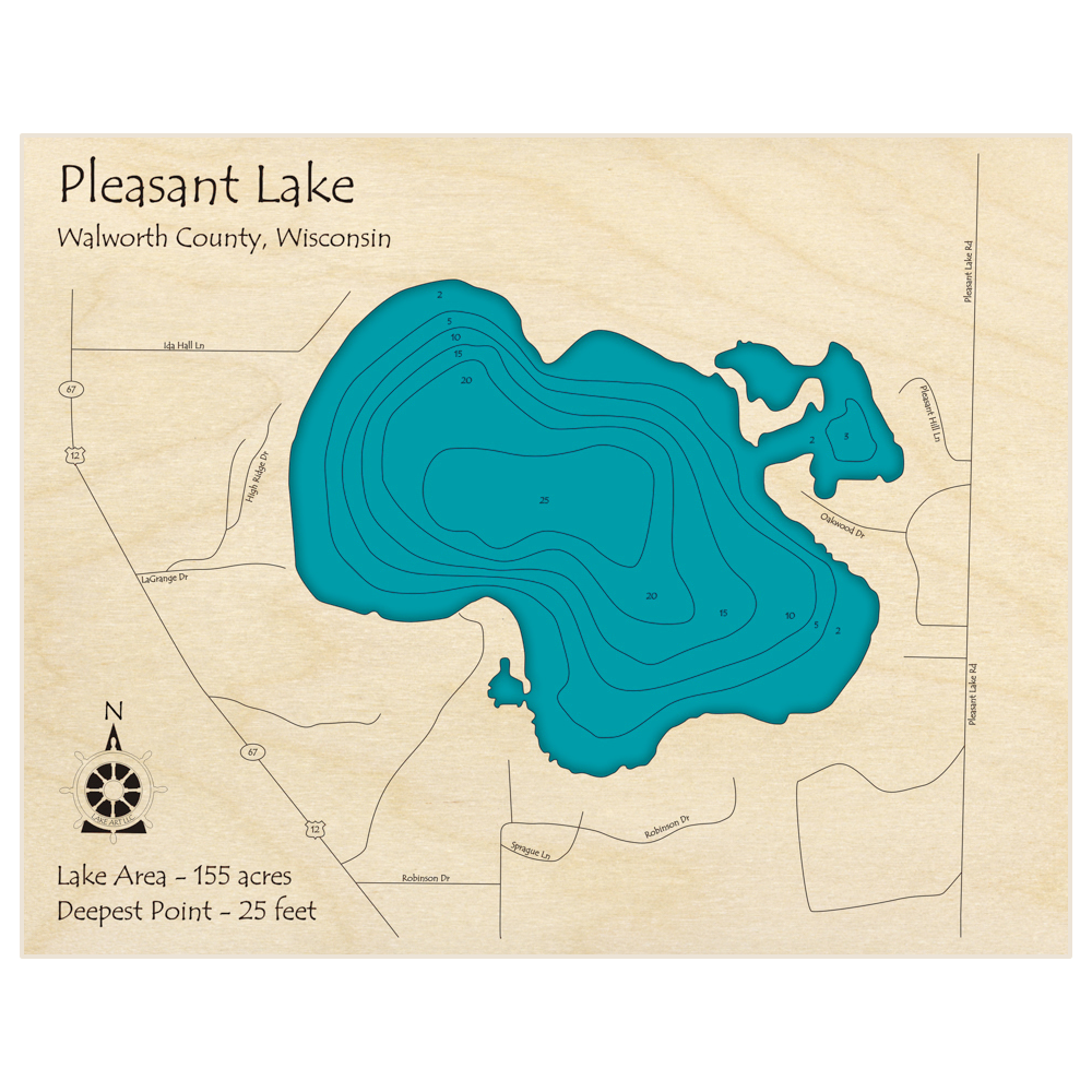 Bathymetric topo map of Pleasant Lake with roads, towns and depths noted in blue water