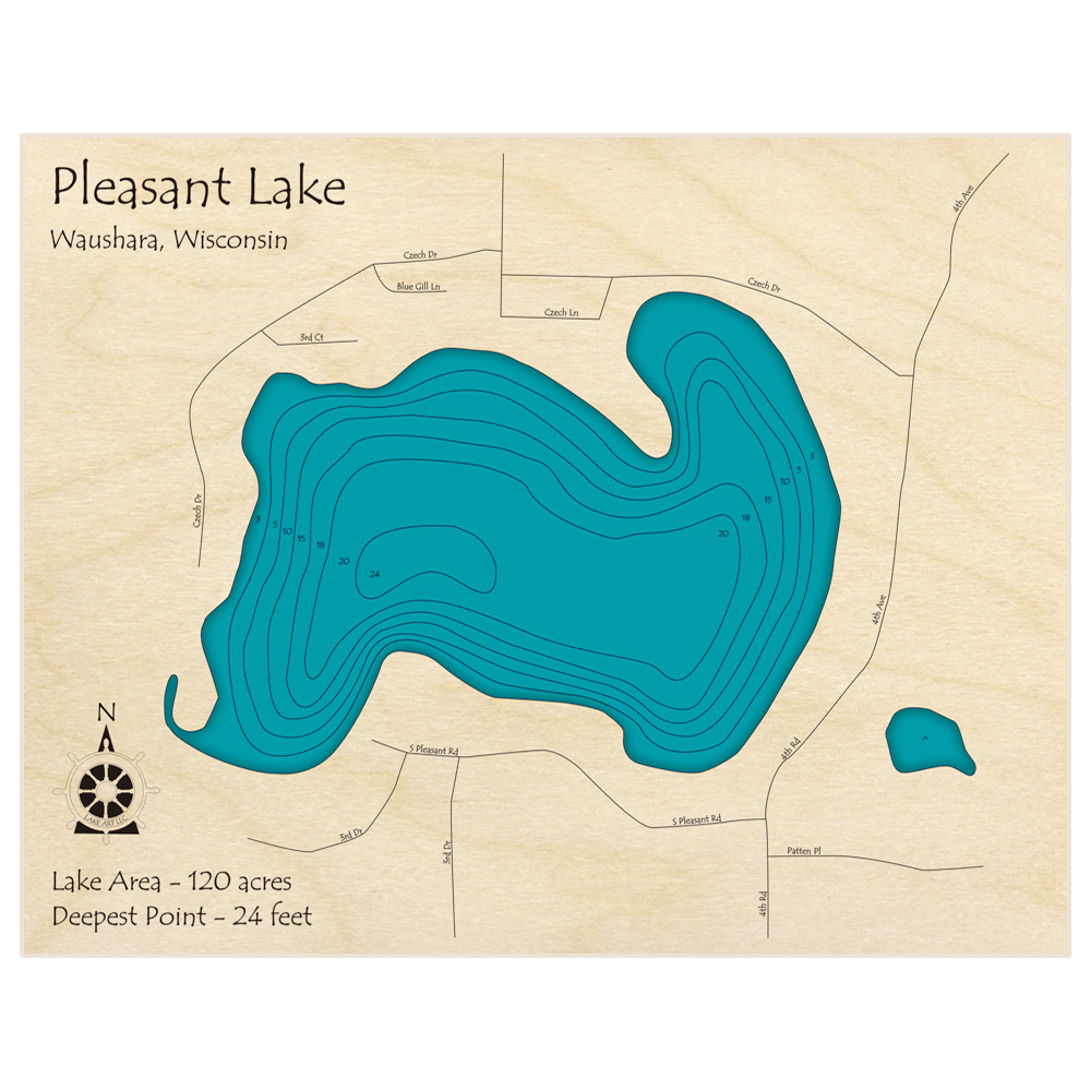 Bathymetric topo map of Pleasant Lake with roads, towns and depths noted in blue water