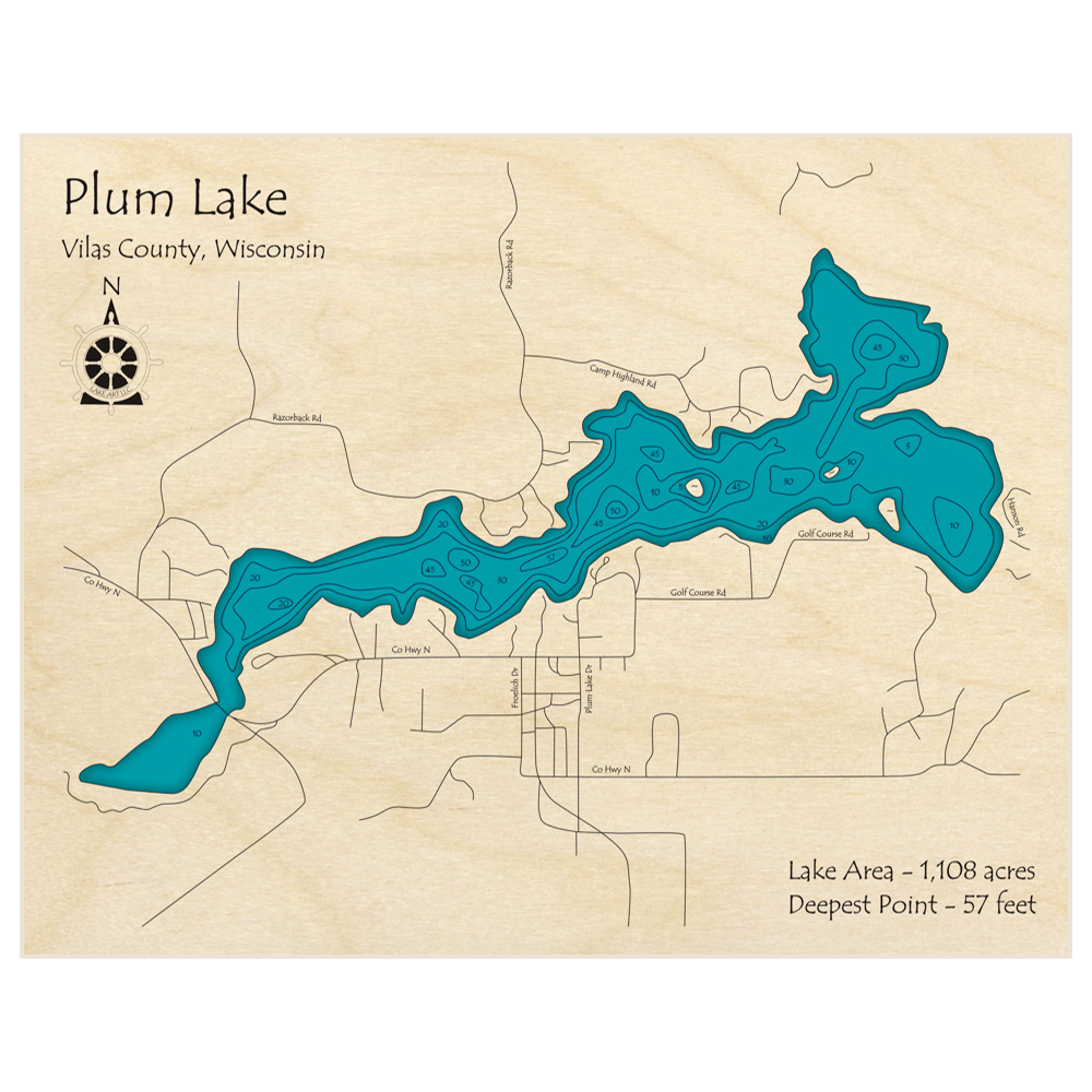 Bathymetric topo map of Plum Lake without Razorback Lake with roads, towns and depths noted in blue water