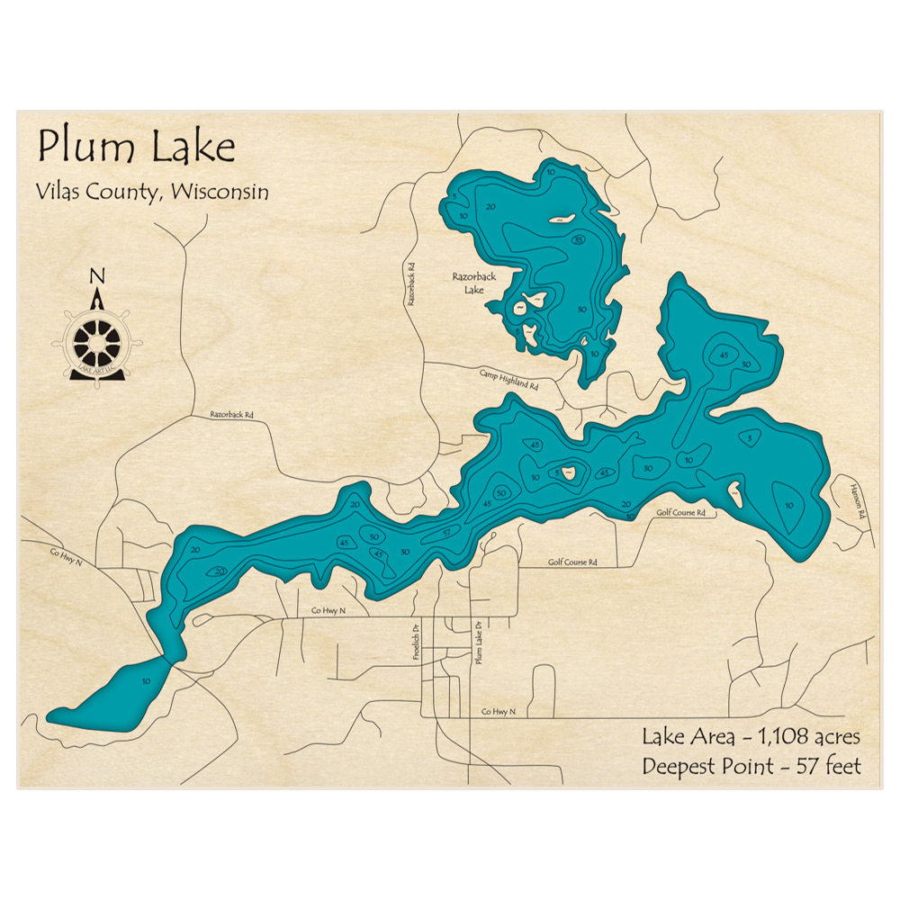 Bathymetric topo map of Plum Lake with Razorback Lake with roads, towns and depths noted in blue water