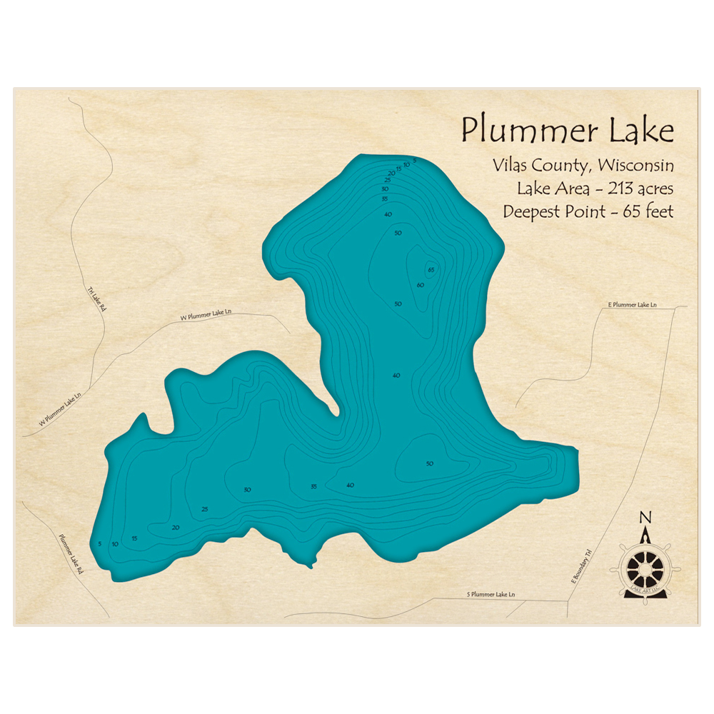 Bathymetric topo map of Plummer Lake with roads, towns and depths noted in blue water
