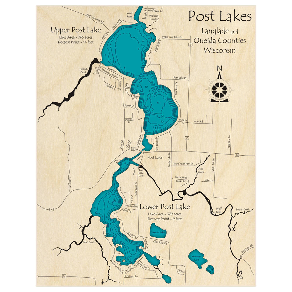 Bathymetric topo map of Post Lakes (Upper and Lower Lakes) with roads, towns and depths noted in blue water
