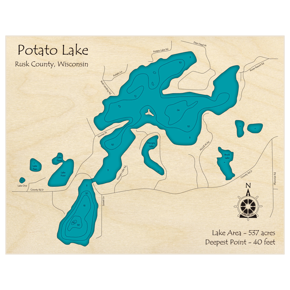 Bathymetric topo map of Potato Lake with roads, towns and depths noted in blue water