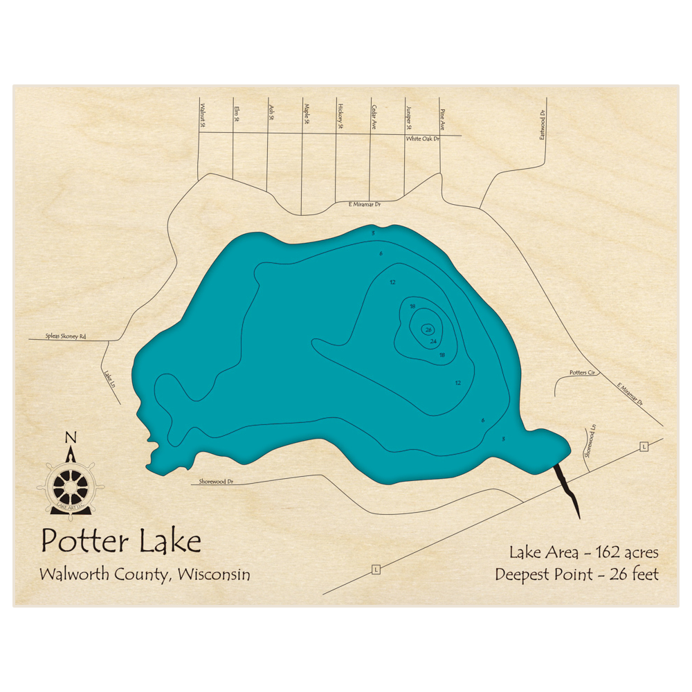 Bathymetric topo map of Potter Lake with roads, towns and depths noted in blue water