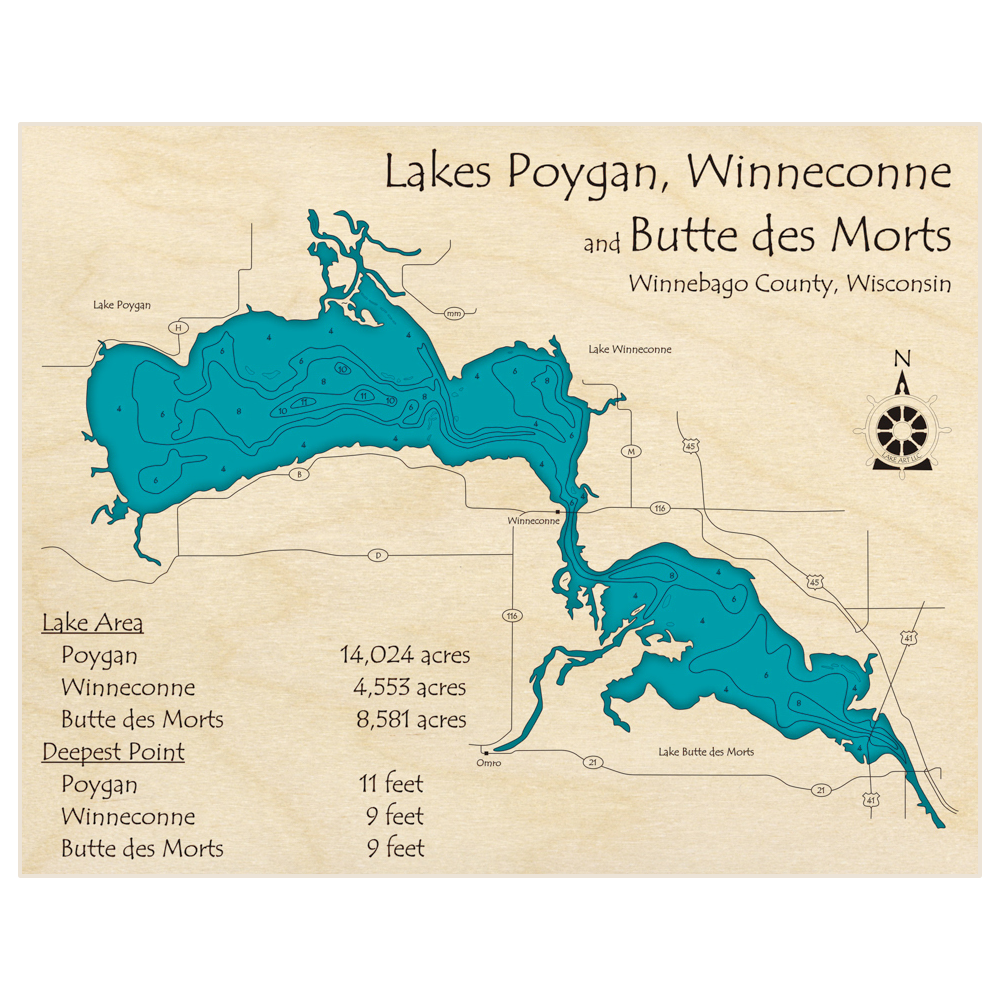 Bathymetric topo map of Lake Poygan (With Lake Winneconne and Butte des Morts Lake) with roads, towns and depths noted in blue water