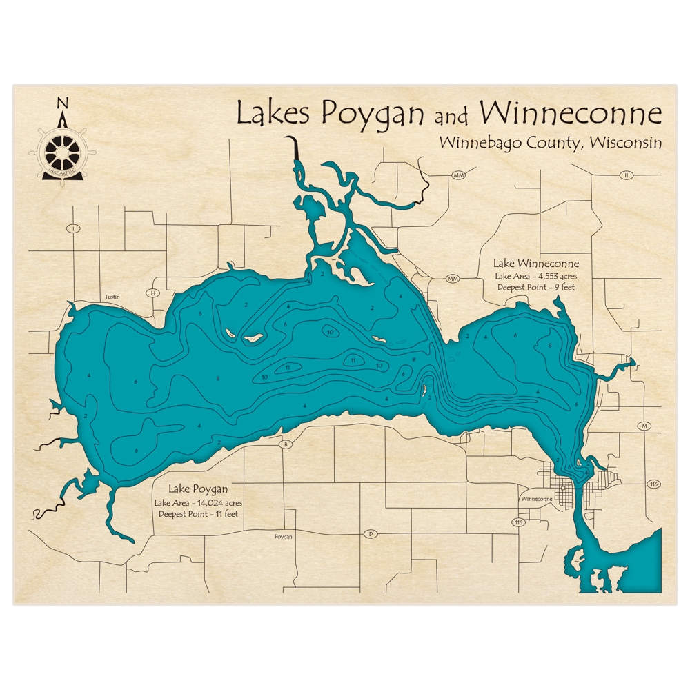 Bathymetric topo map of Lake Poygan (With Lake Winneconne) with roads, towns and depths noted in blue water
