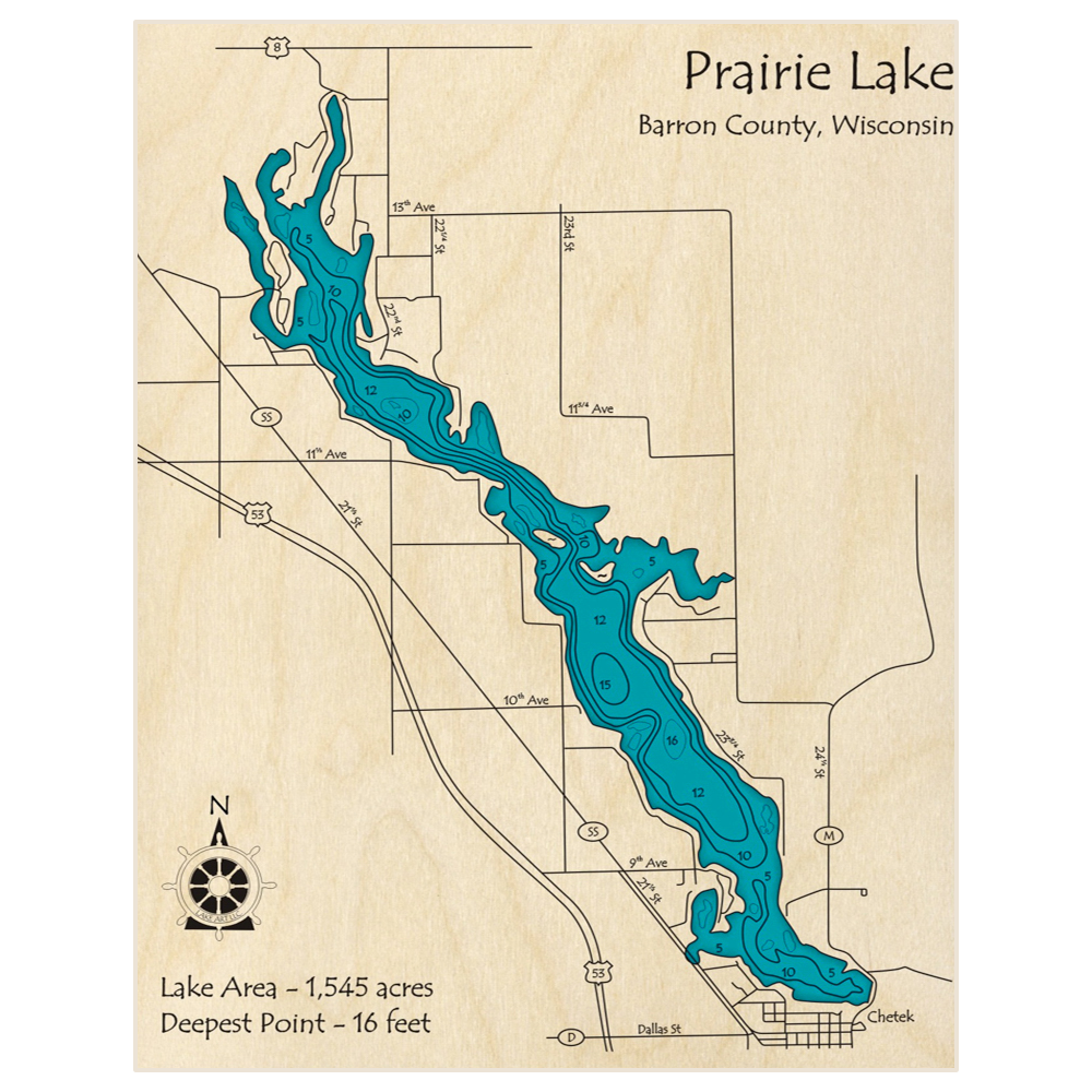 Bathymetric topo map of Prairie Lake with roads, towns and depths noted in blue water