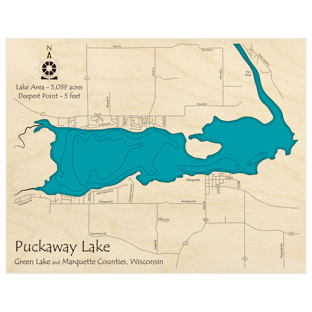 Bathymetric topo map of Puckaway Lake with roads, towns and depths noted in blue water