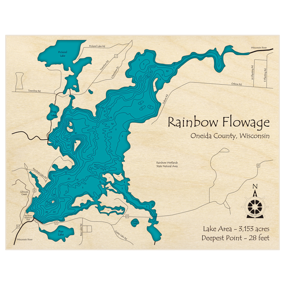 Bathymetric topo map of Rainbow Flowage with roads, towns and depths noted in blue water