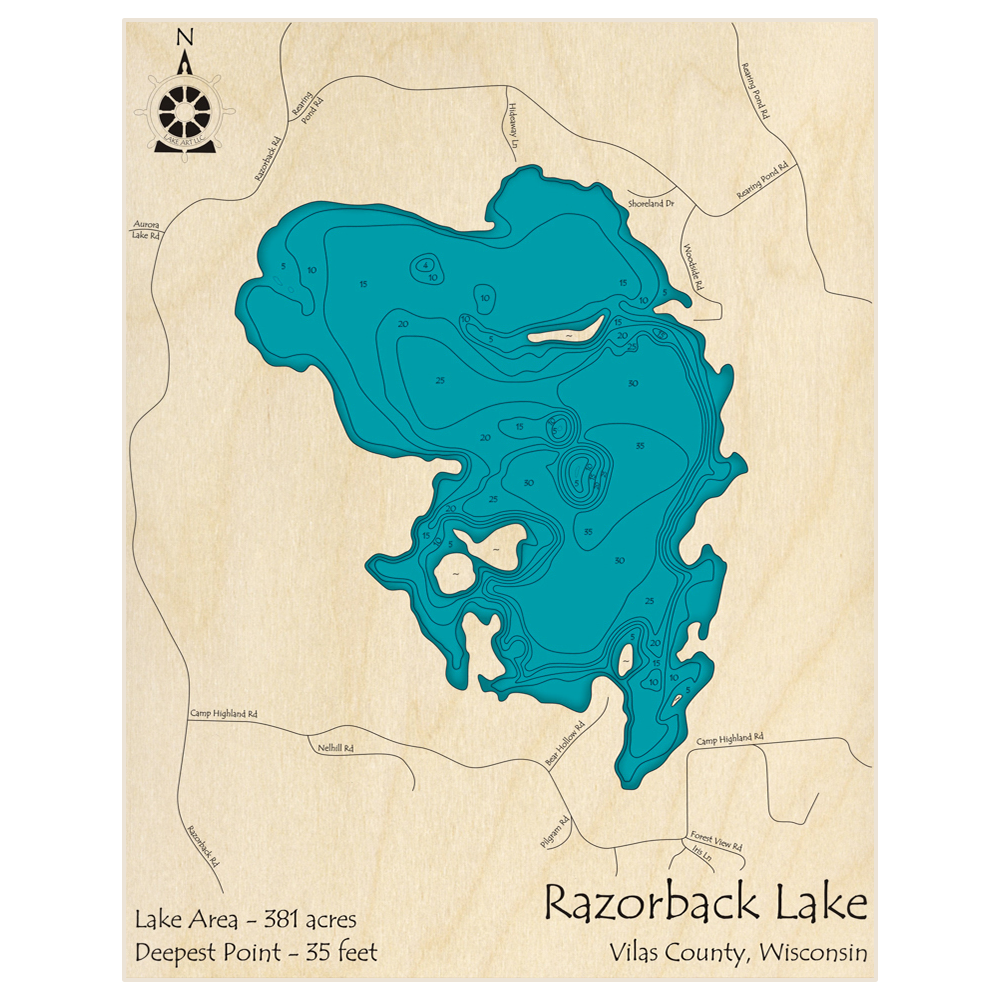 Bathymetric topo map of Razorback Lake with roads, towns and depths noted in blue water