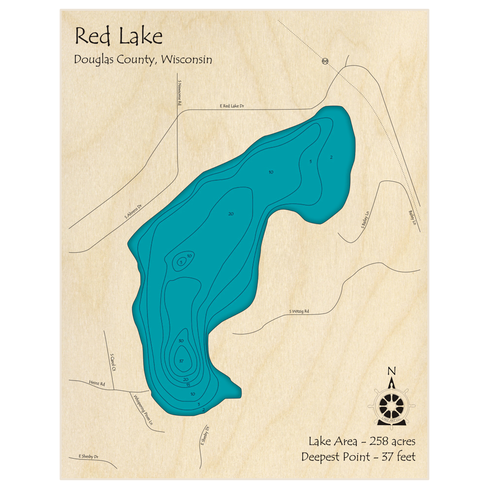 Bathymetric topo map of Red Lake with roads, towns and depths noted in blue water