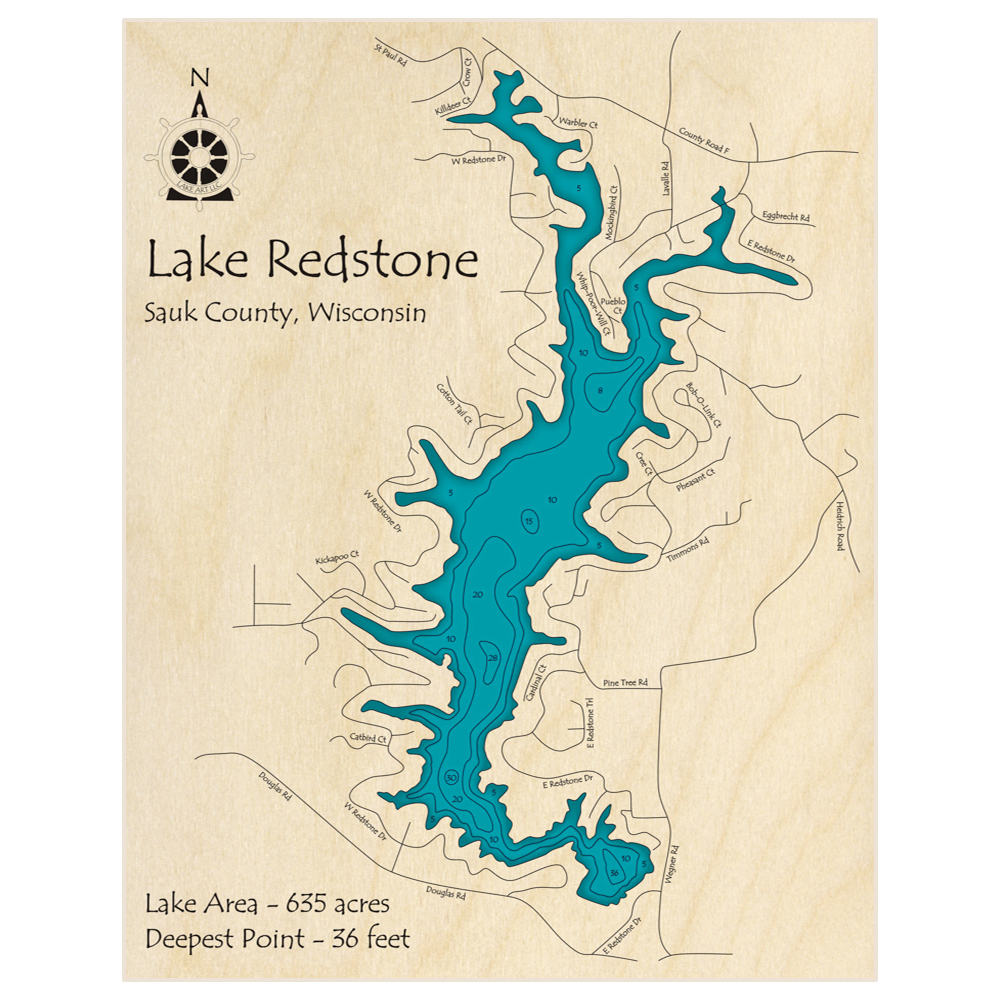 Bathymetric topo map of Lake Redstone with roads, towns and depths noted in blue water