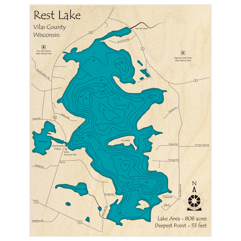 Bathymetric topo map of Rest Lake with roads, towns and depths noted in blue water