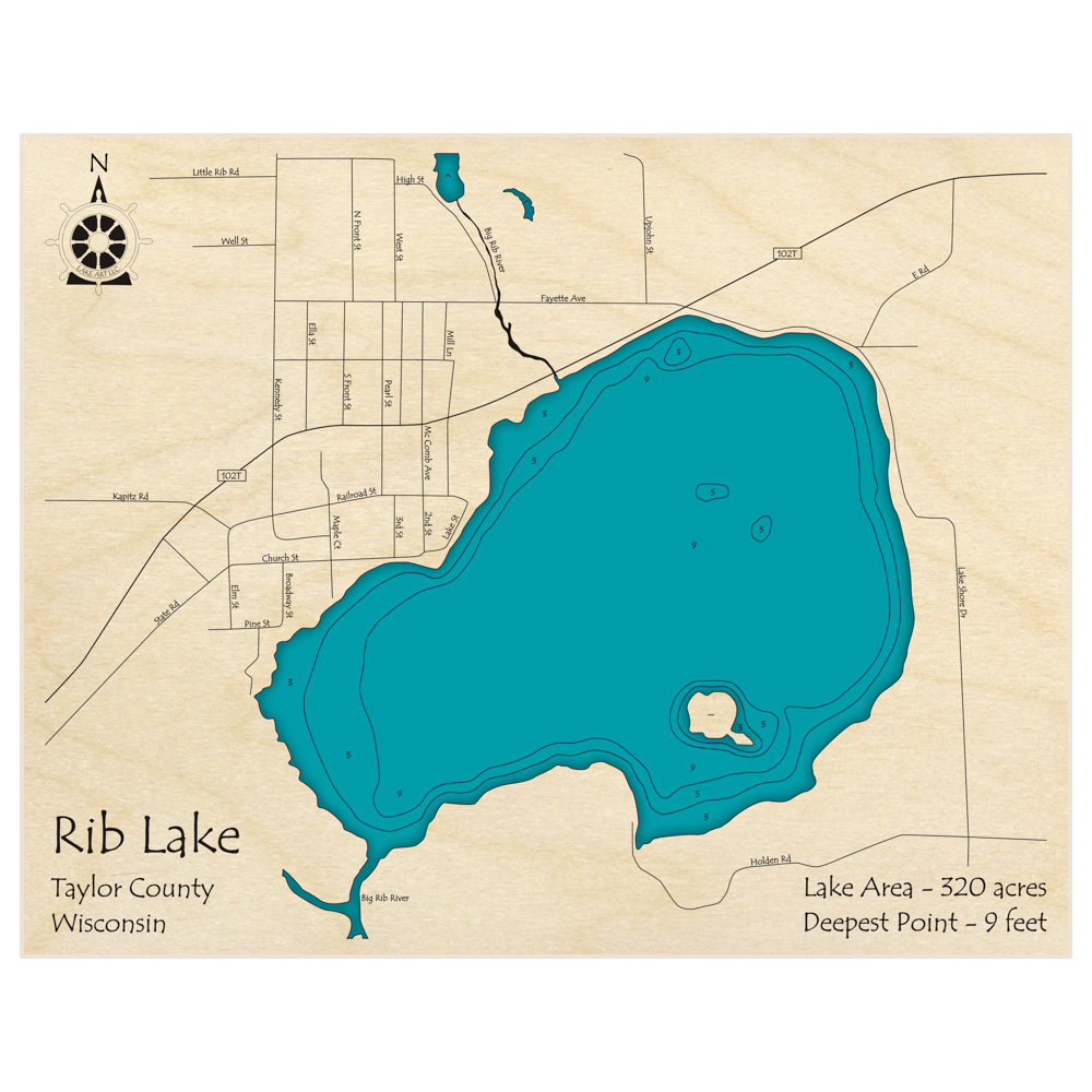 Bathymetric topo map of Rib Lake with roads, towns and depths noted in blue water