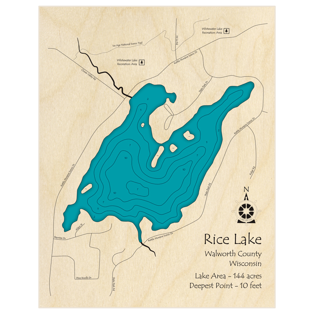 Bathymetric topo map of Rice Lake with roads, towns and depths noted in blue water