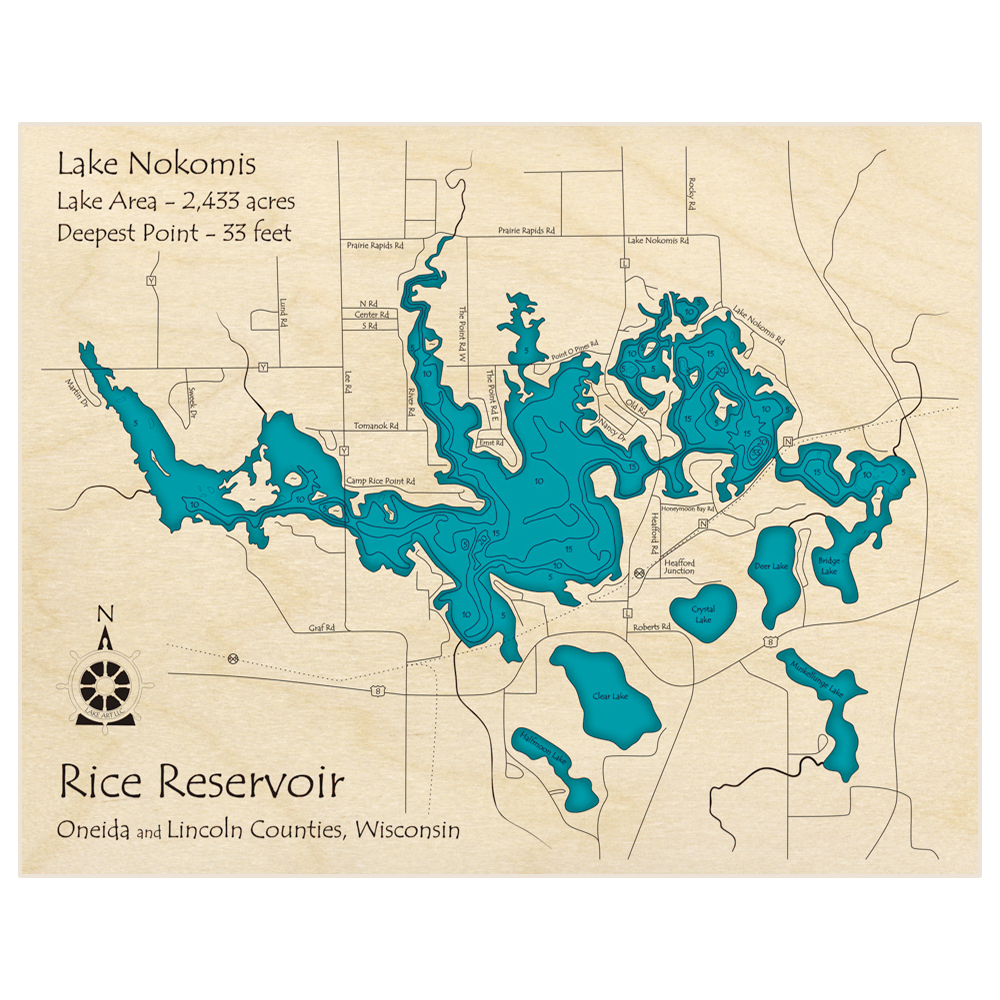 Bathymetric topo map of Rice Reservoir with roads, towns and depths noted in blue water