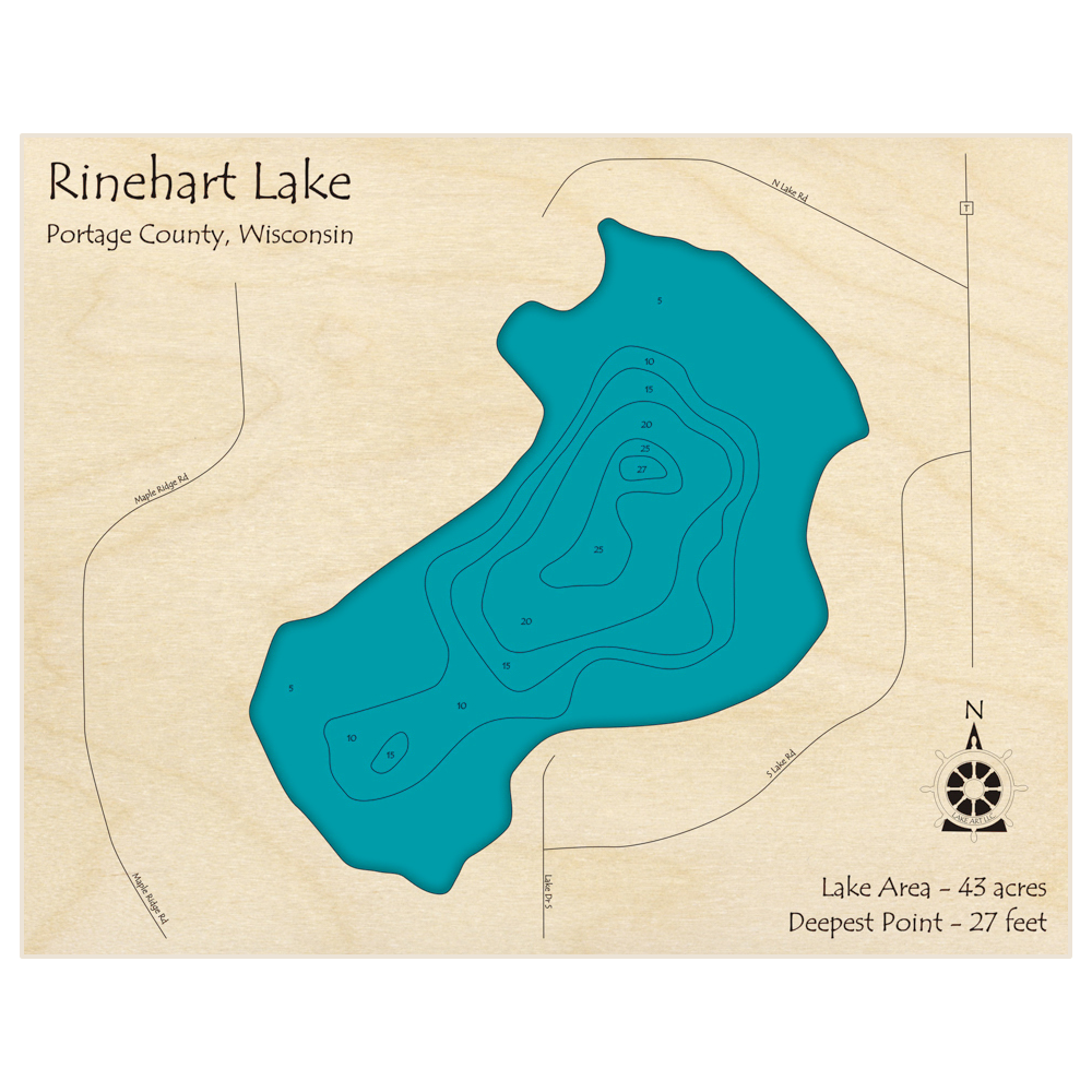 Bathymetric topo map of Rinehart Lake with roads, towns and depths noted in blue water