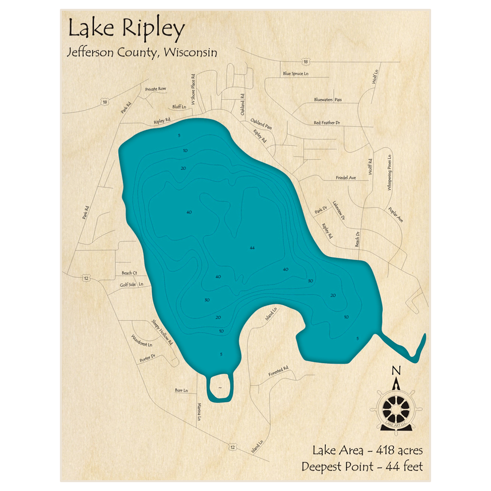 Bathymetric topo map of Lake Ripley with roads, towns and depths noted in blue water