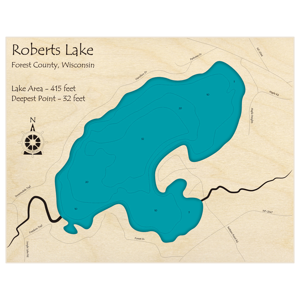 Bathymetric topo map of Roberts Lake with roads, towns and depths noted in blue water