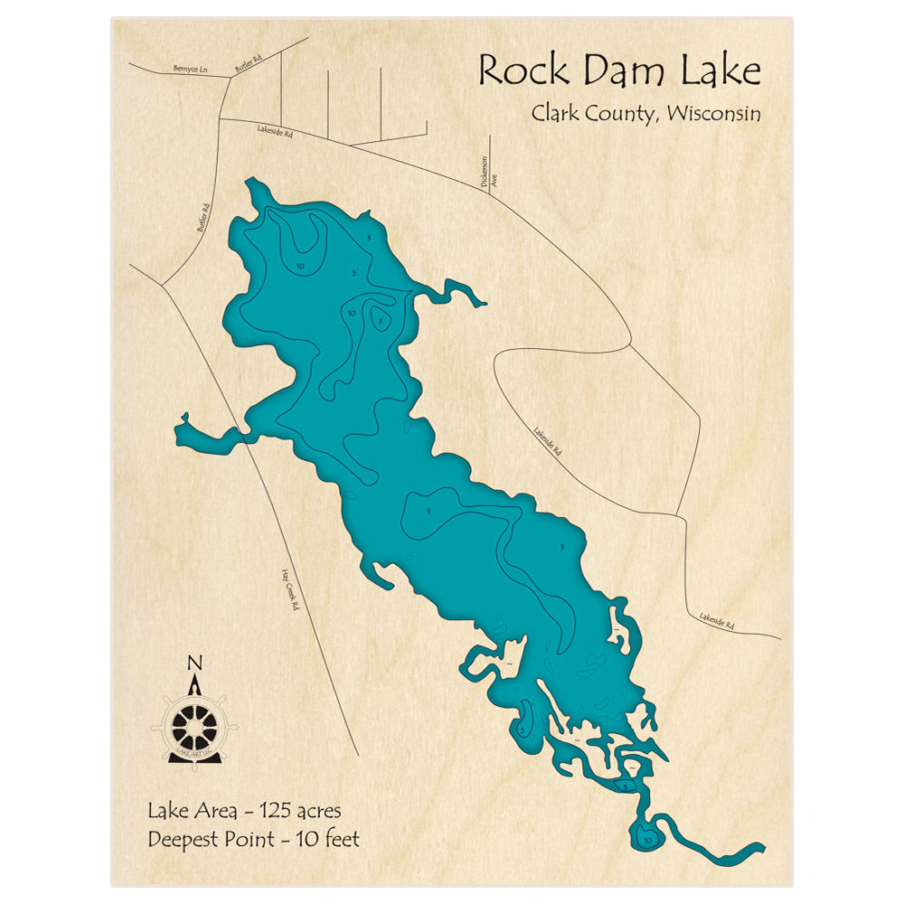Bathymetric topo map of Rock Dam Lake with roads, towns and depths noted in blue water