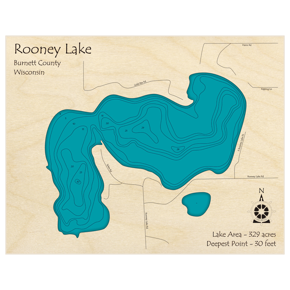 Bathymetric topo map of Rooney Lake with roads, towns and depths noted in blue water