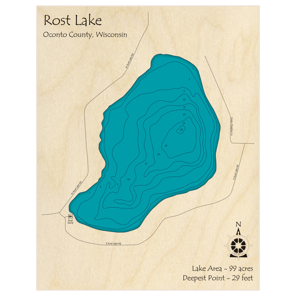 Bathymetric topo map of Rost Lake with roads, towns and depths noted in blue water
