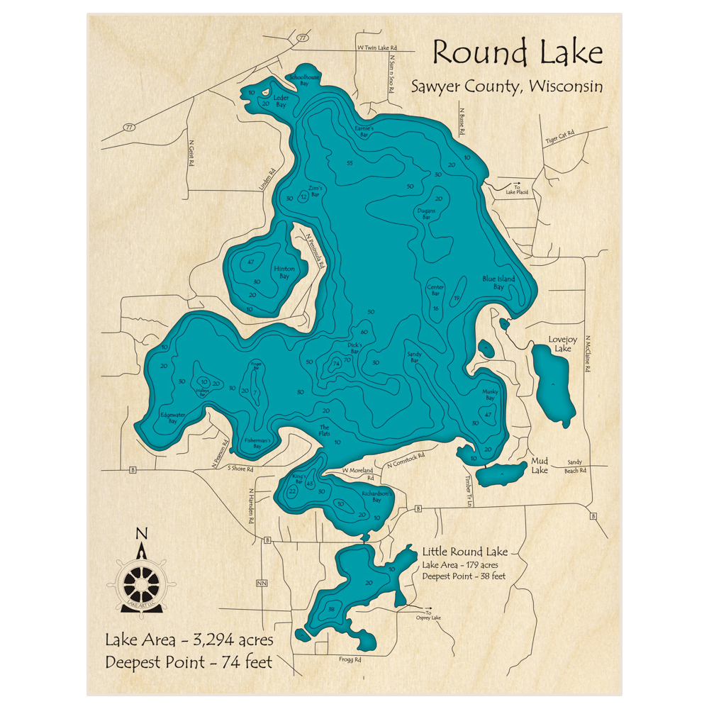 Bathymetric topo map of Round Lake with Little Round Lake with roads, towns and depths noted in blue water