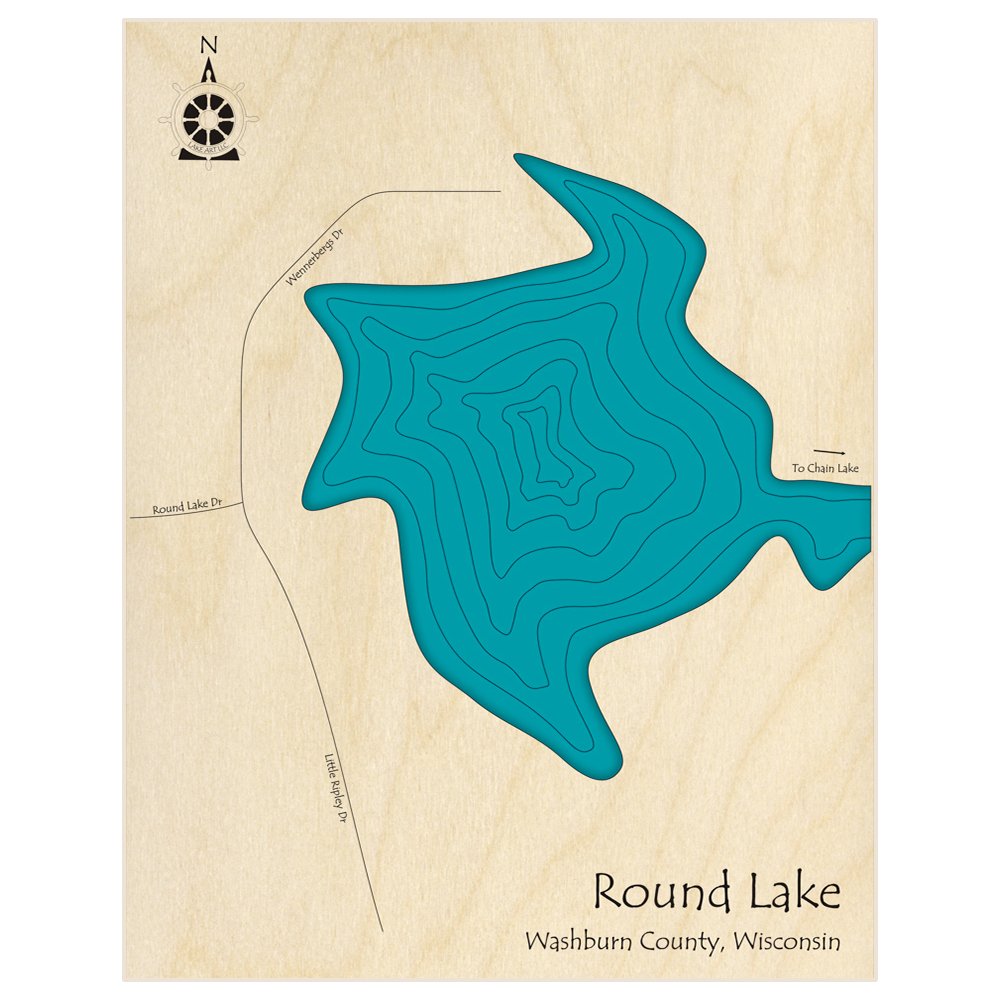 Bathymetric topo map of Round Lake  with roads, towns and depths noted in blue water