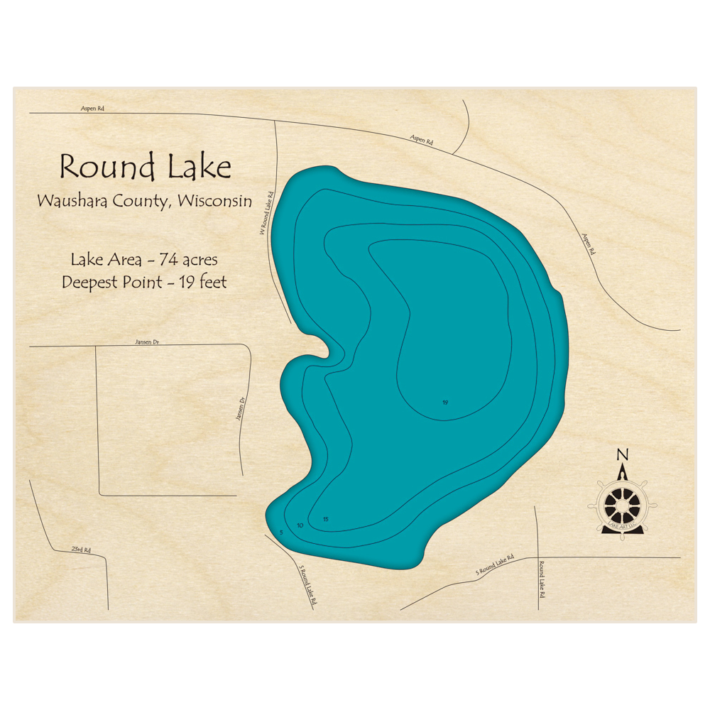 Bathymetric topo map of Round Lake with roads, towns and depths noted in blue water