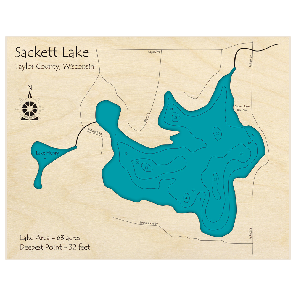 Bathymetric topo map of Sackett Lake with roads, towns and depths noted in blue water