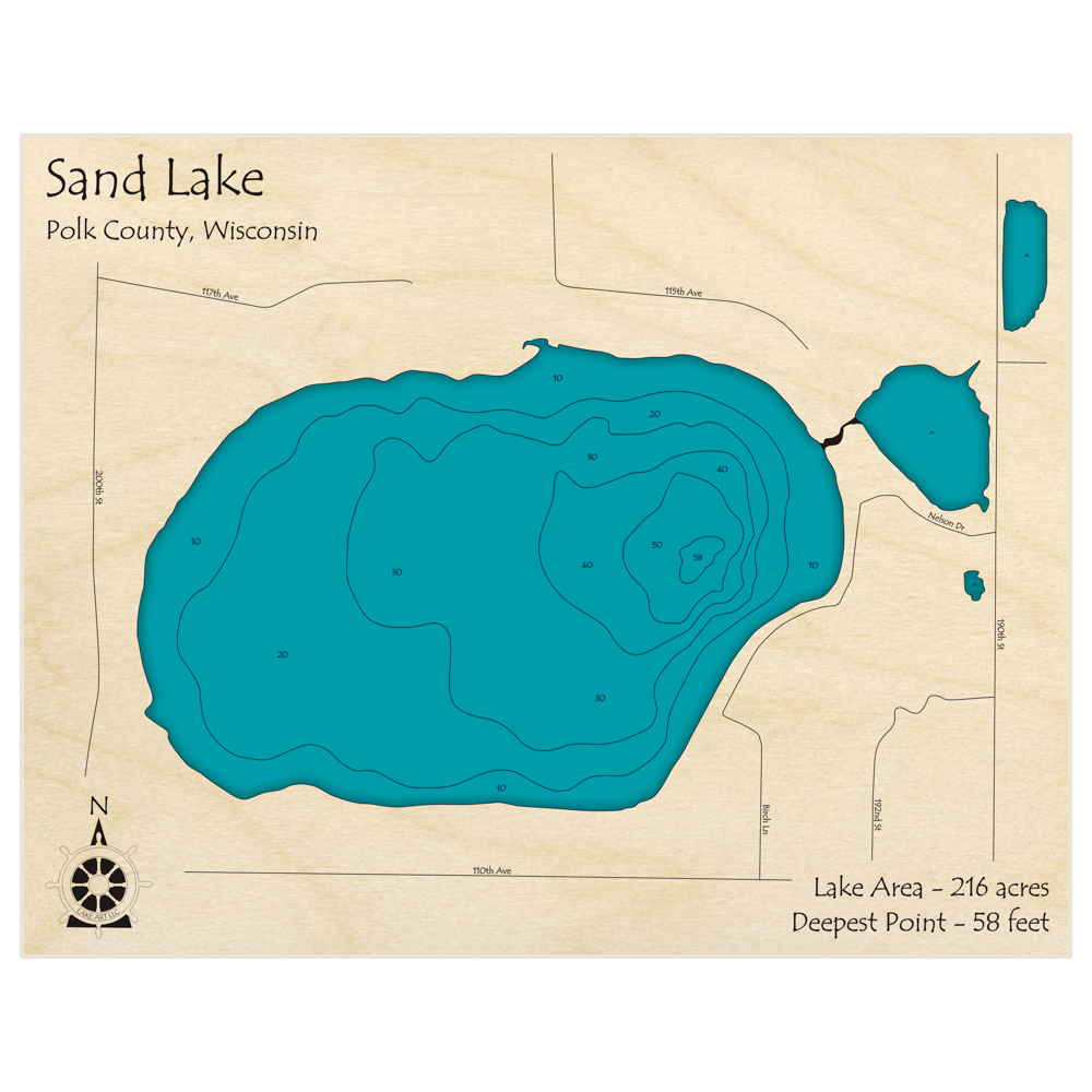 Bathymetric topo map of Sand Lake with roads, towns and depths noted in blue water