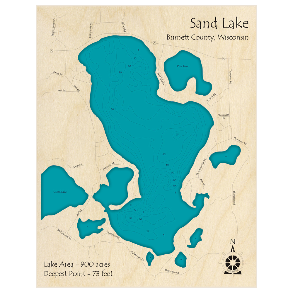 Bathymetric topo map of Sand Lake (northeast of Webster) with roads, towns and depths noted in blue water