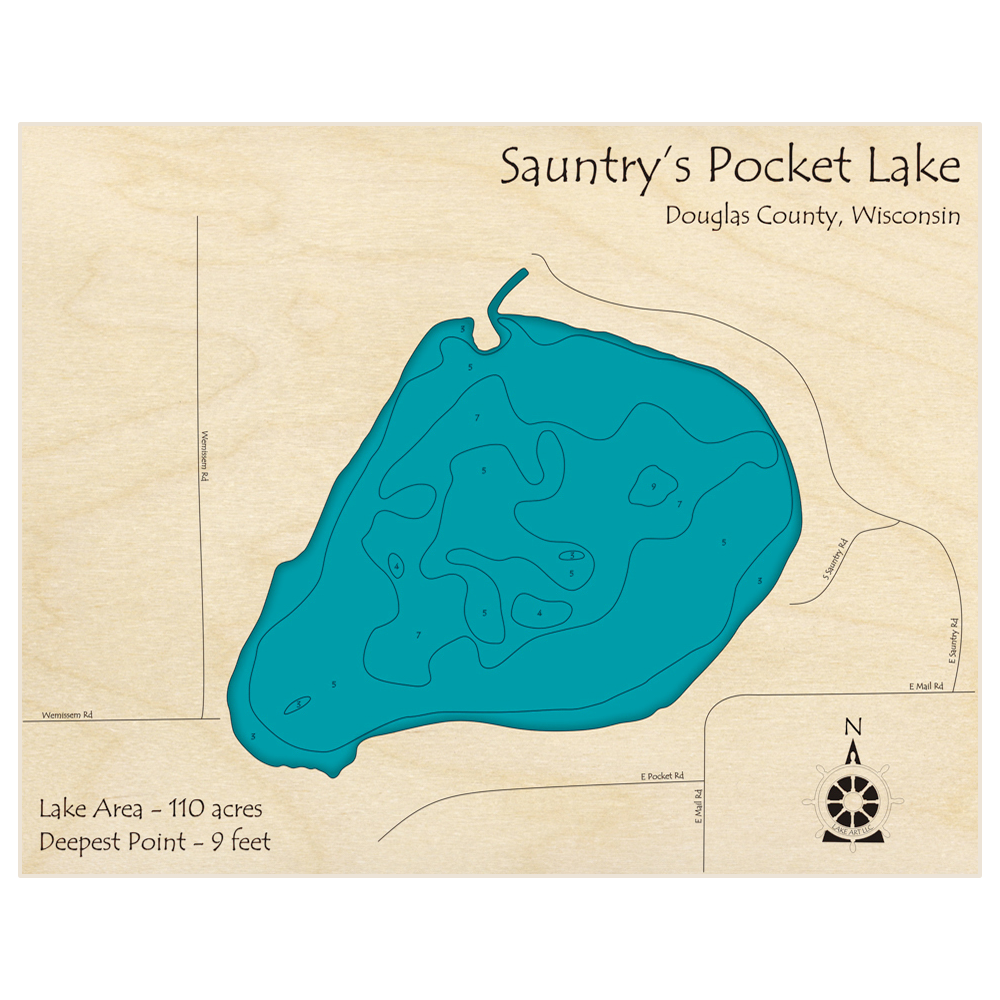 Bathymetric topo map of Sauntrys Pocket Lake with roads, towns and depths noted in blue water