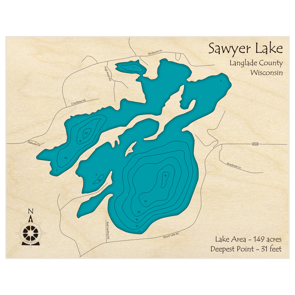 Bathymetric topo map of Sawyer Lake with roads, towns and depths noted in blue water
