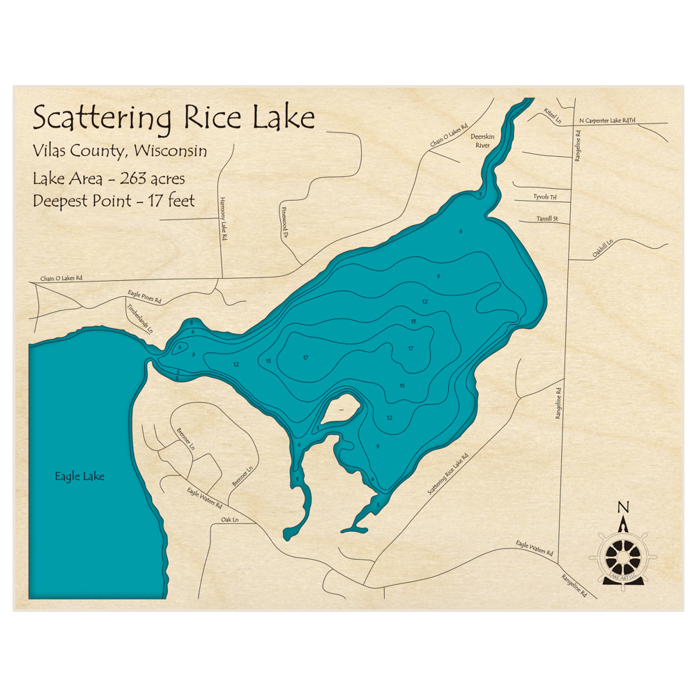 Bathymetric topo map of Scattering Rice Lake with roads, towns and depths noted in blue water
